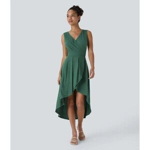 HALARA MED V Neck Sleeveless High Low Crossover Hem Flowy Midi Casual Dress NWT